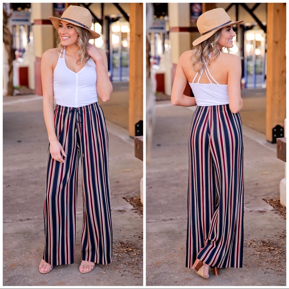 Navy striped wide leg pants